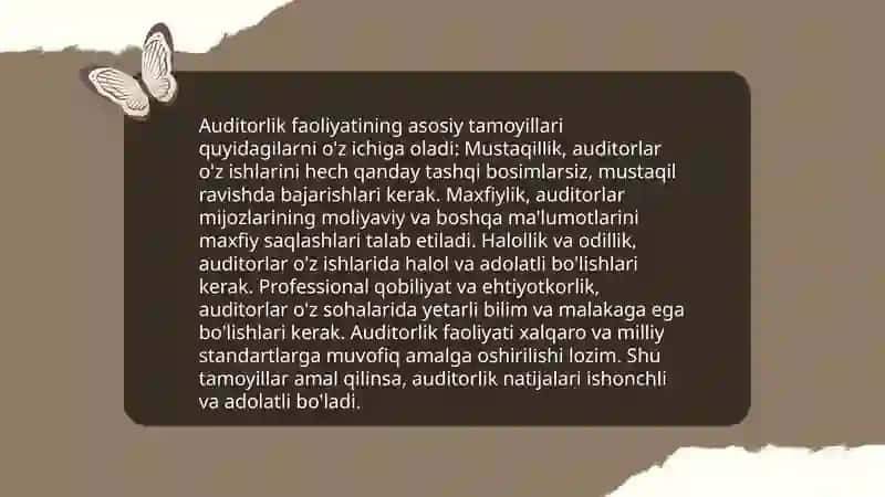 Audit " fanining metodi, Oʻzbekisiton Respublikasida auditorlik faoliyatini tashkil etishning meʼyoriy tizimi va uning elementlari 4