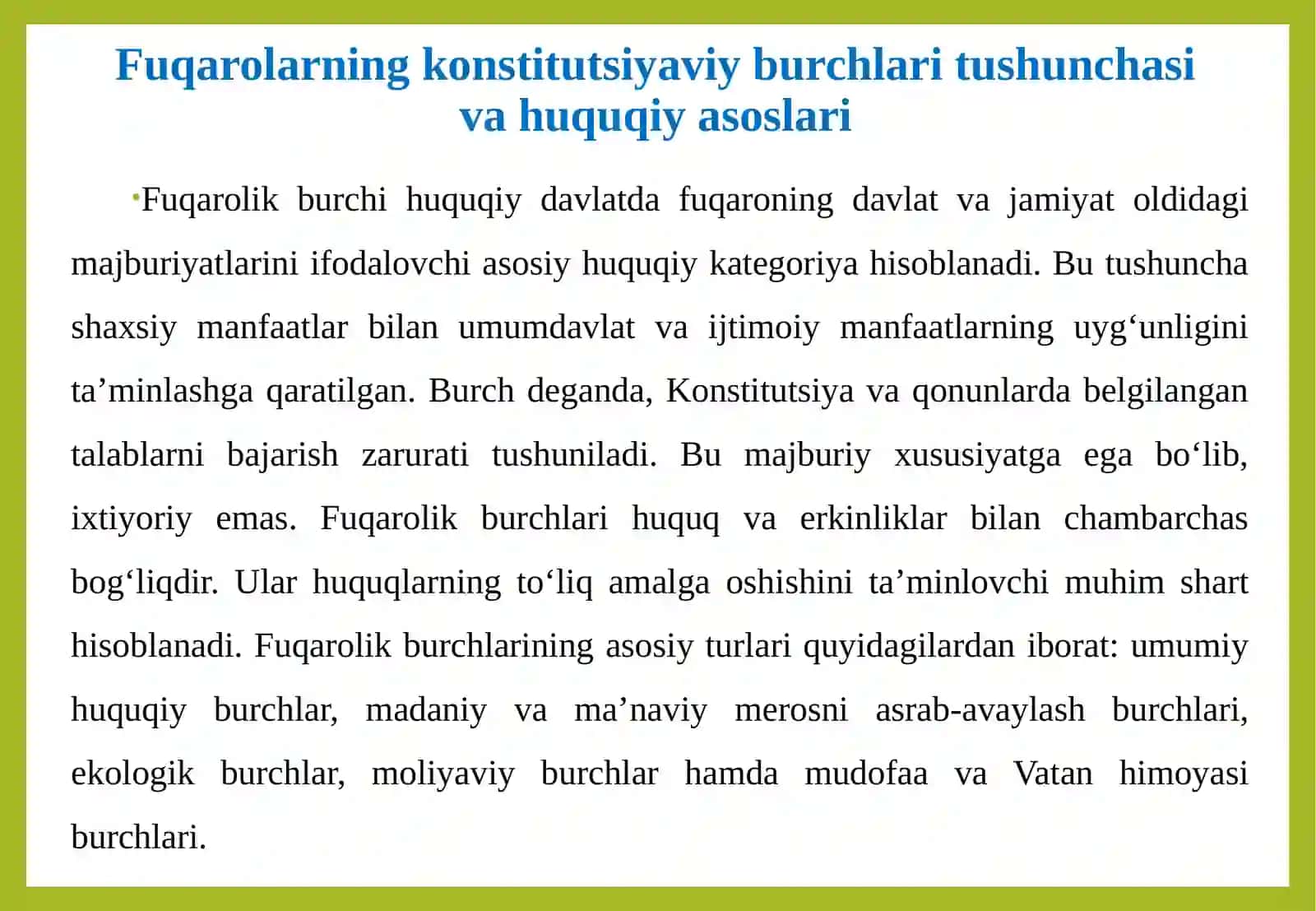 O‘zbekiston Respublikasi Konstitutsiyasida belgilangan fuqarolarning burchlari 4
