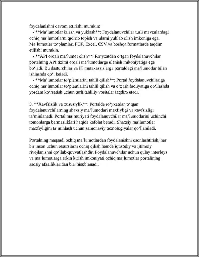 O'ZBEKISTON RESPUBLIKASI OCHIQ MA'LUMOTLAR PORTALI BILAN ISHLASH 4