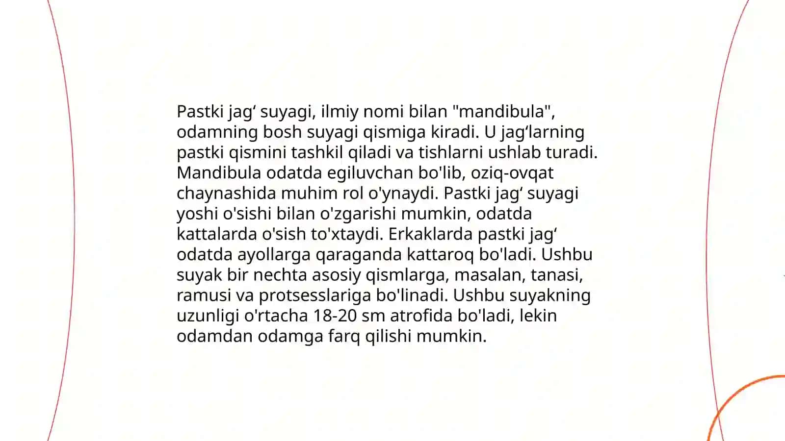 Kalla suyagining yuz qismi suyaklari.Yuqorigi va pastki jagʻ suyagi. Yuz sohasidagi mayda suyaklari 4