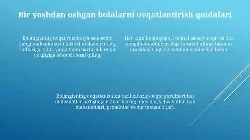Bir yoshgacha va bir yoshdan katta bolalarni ovqatlantirish qoidalari 4