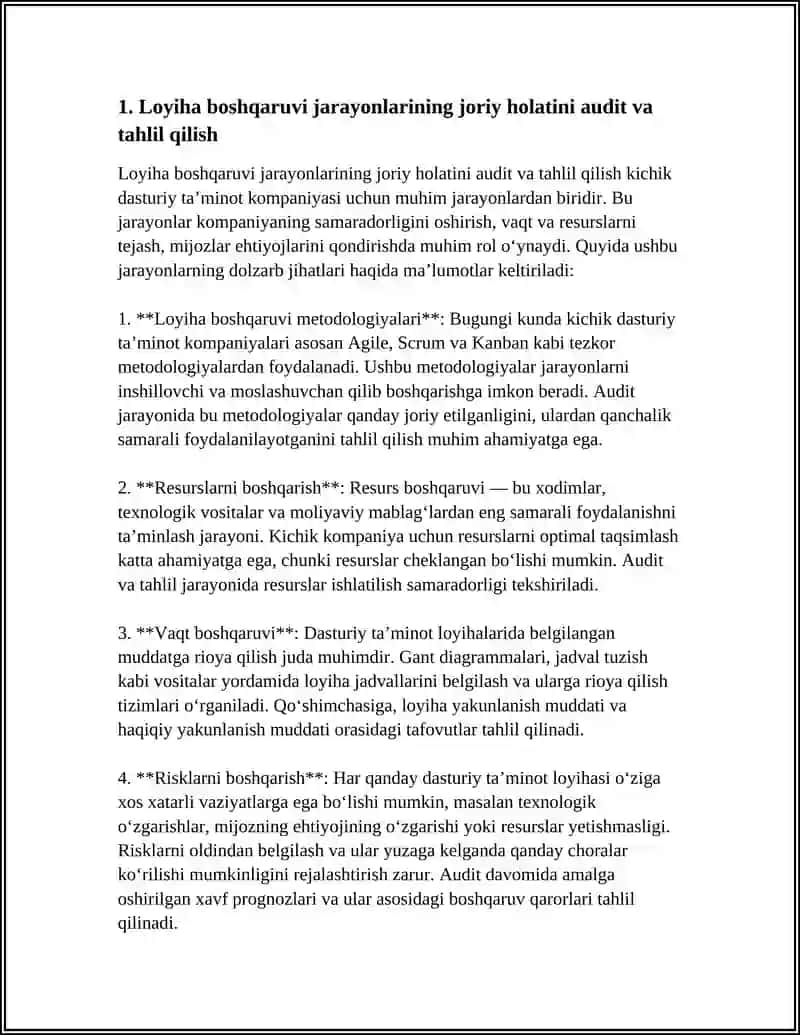 KICHIK DASTURIY TA’MINOT KOMPANIYASI UCHUN LOYIHA BOSHQARUVI JARAYONLARINI TAKOMILLASHTIRISH 4