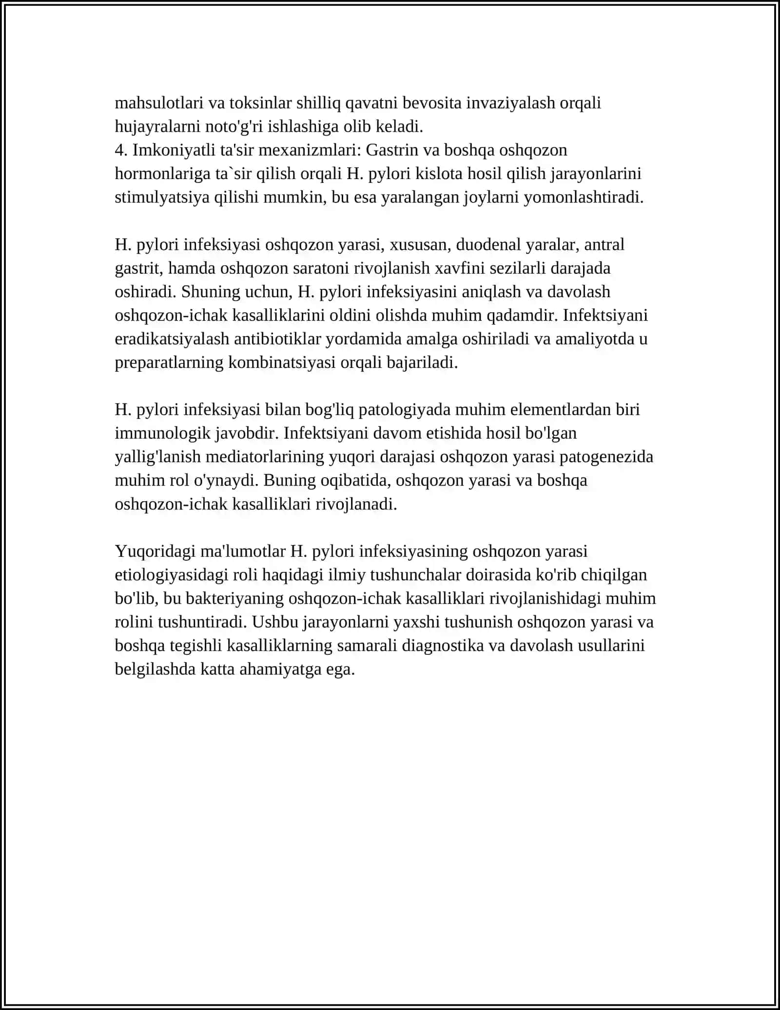 OSHQOZON YARA KASALLIGI ETIOLOGIYASI VA PATOLOGIYASIDAGI ZAMINAVIY ASPEKTLAR 4