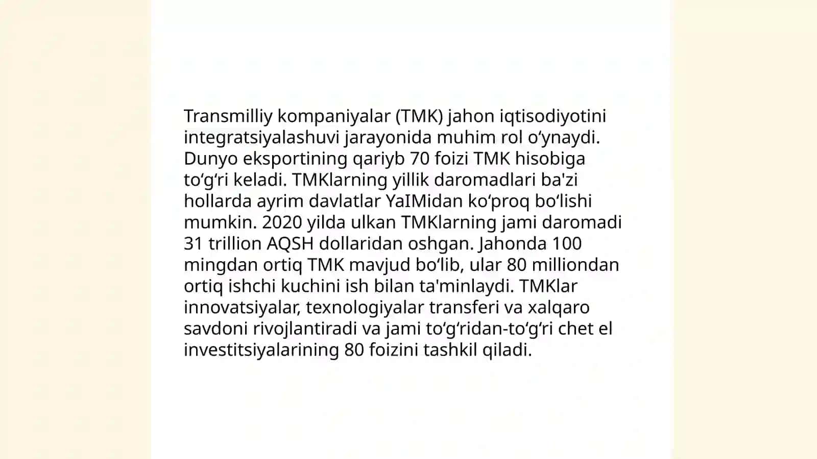 Transmilliy kompaniyalarning jahon xo'jaligidagi roli 4