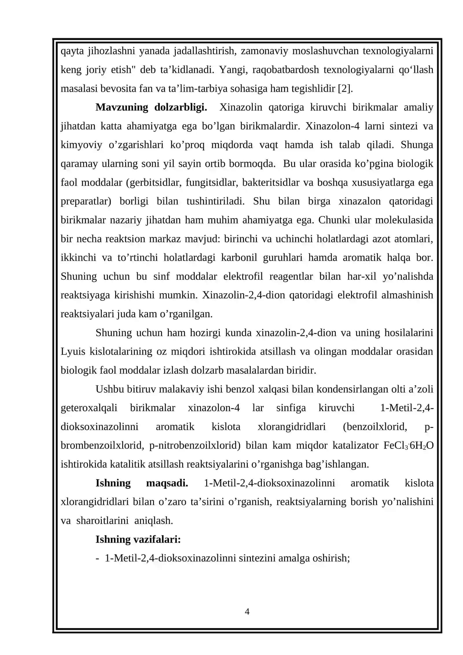 1-metil-2,4-dioksoxinazolinni aromatik kislota xlorangidridlari bilan atsillash reaksiyalari 4