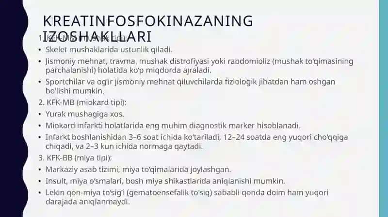 Kreatinfosfokinazaning izoshakllari va ularni aniqlashning klinik ahamiyati 4