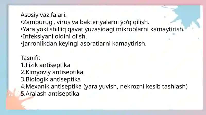 Zamonaviy fizik antiseptika usullari. Kimyoviy va biologik antiseptikalar guruhlari. 4