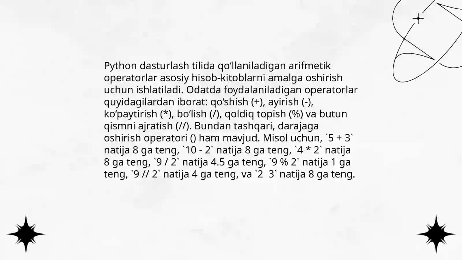 Python dasturlash tilida arifmetik operatorlar va ularning qo‘llanilishi 4
