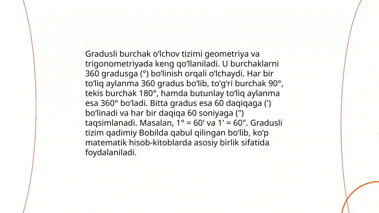 Burchak õlchovlari turlarini õrganish va har bir õlchov turining qõllanishi 4