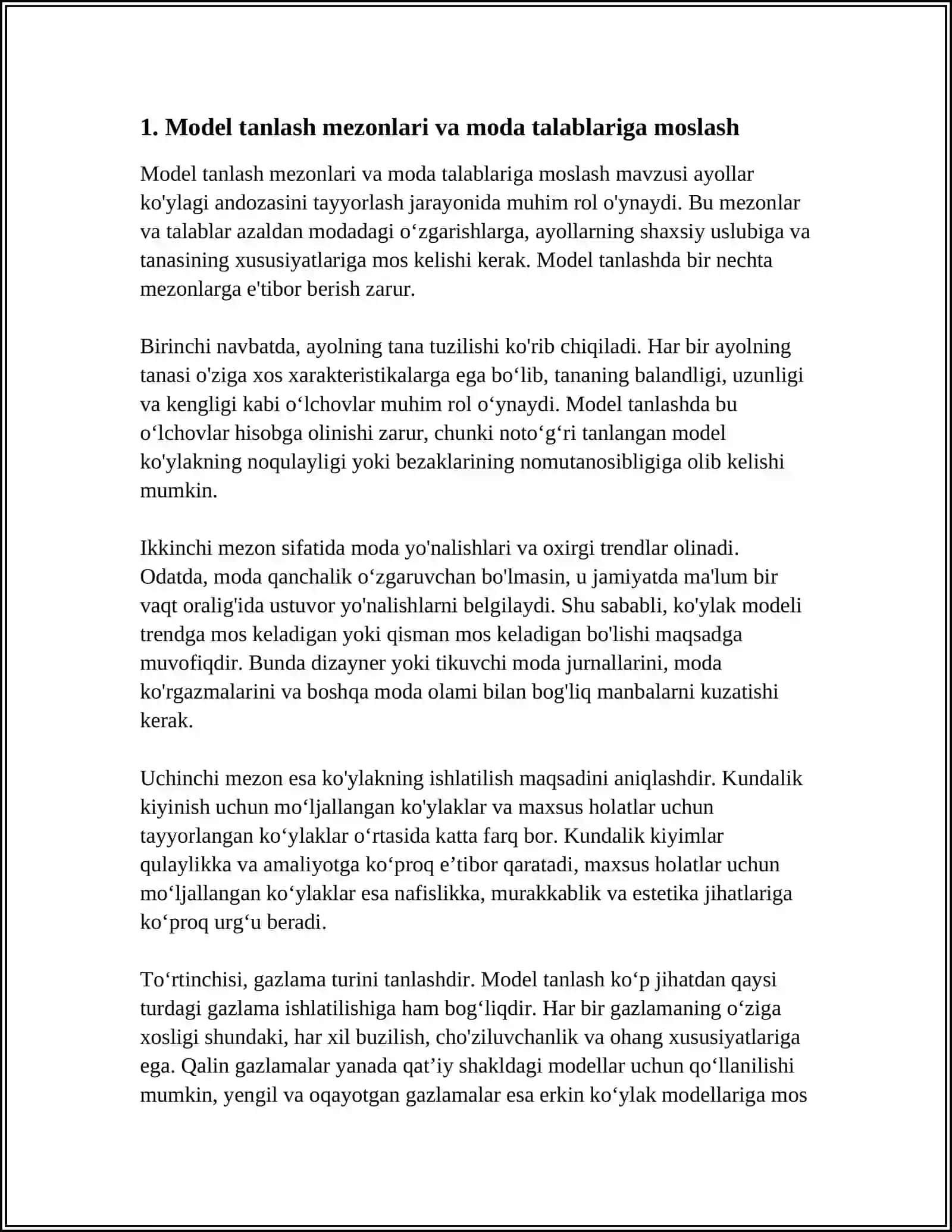 AYOLLAR KO'YLAGINING ANDOZASINI TAYYORLASH TANLANGAN MODEL ASOSIDA GAZLAMA SARFINI ANIQLASH VA BICHISH TIKISH TARTIBI. TEXNOLOGIK XARITA TAYYORLASH 4
