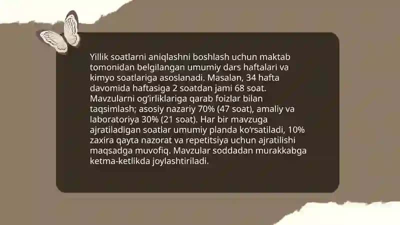Mavzuviy taqvimiy reja. Kimyo darsining konspekti (matni)ni tuzish metodikasi 4