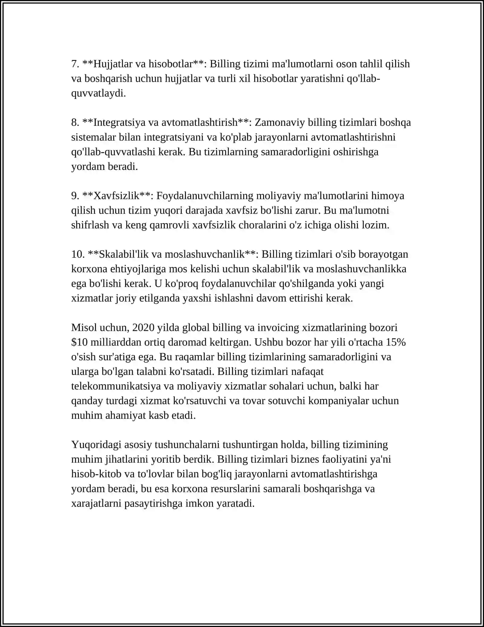 BILLING TIZIMINI ISHLASH TEXNOLOGIYASI VA IQTISODIYOTDA QOʻLLASH SALMOGʻI 4