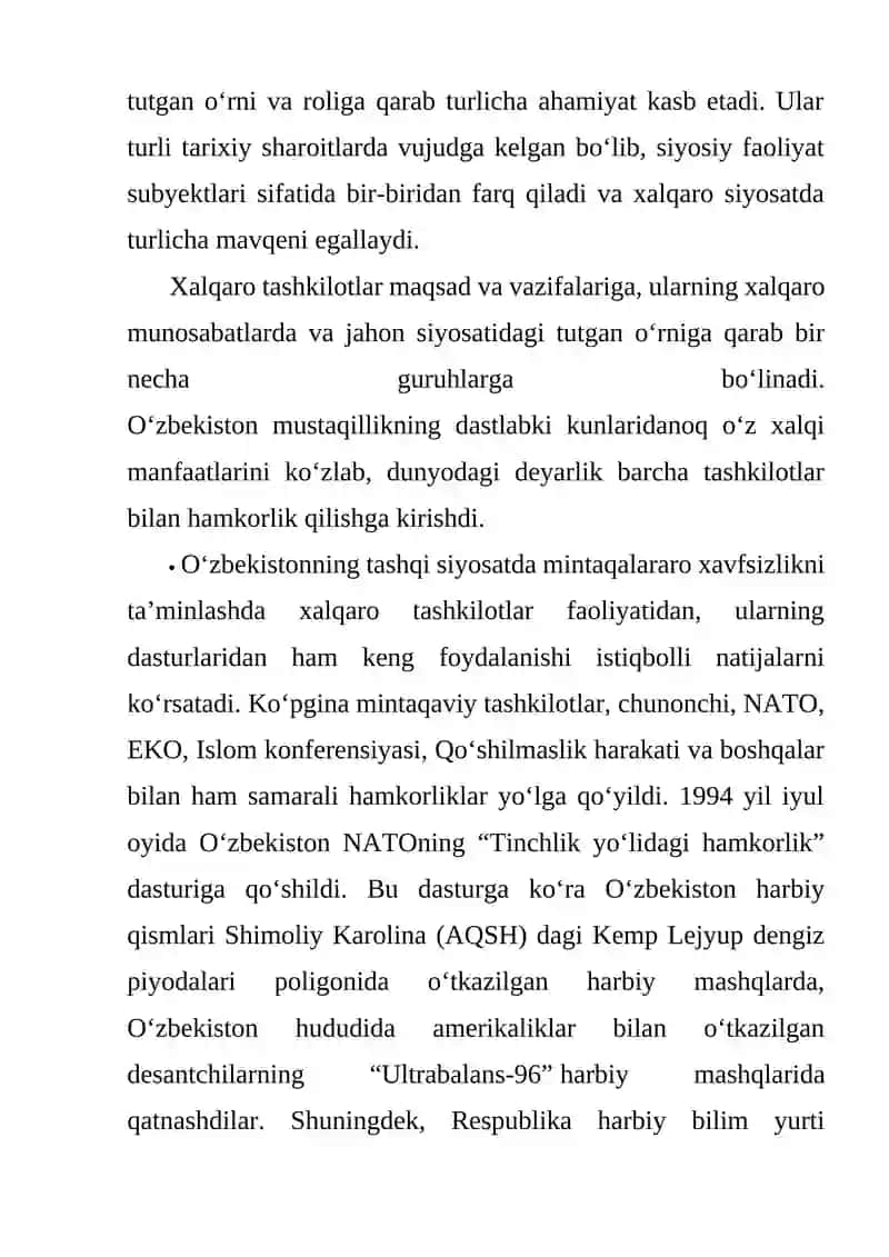 O‘zbekistonning xalqaro tashkilotlar va xorijiy mamlakatlar bilan iqtisodiy-siyosiy aloqalarining o‘rnatilishiva rivojlanishi 4