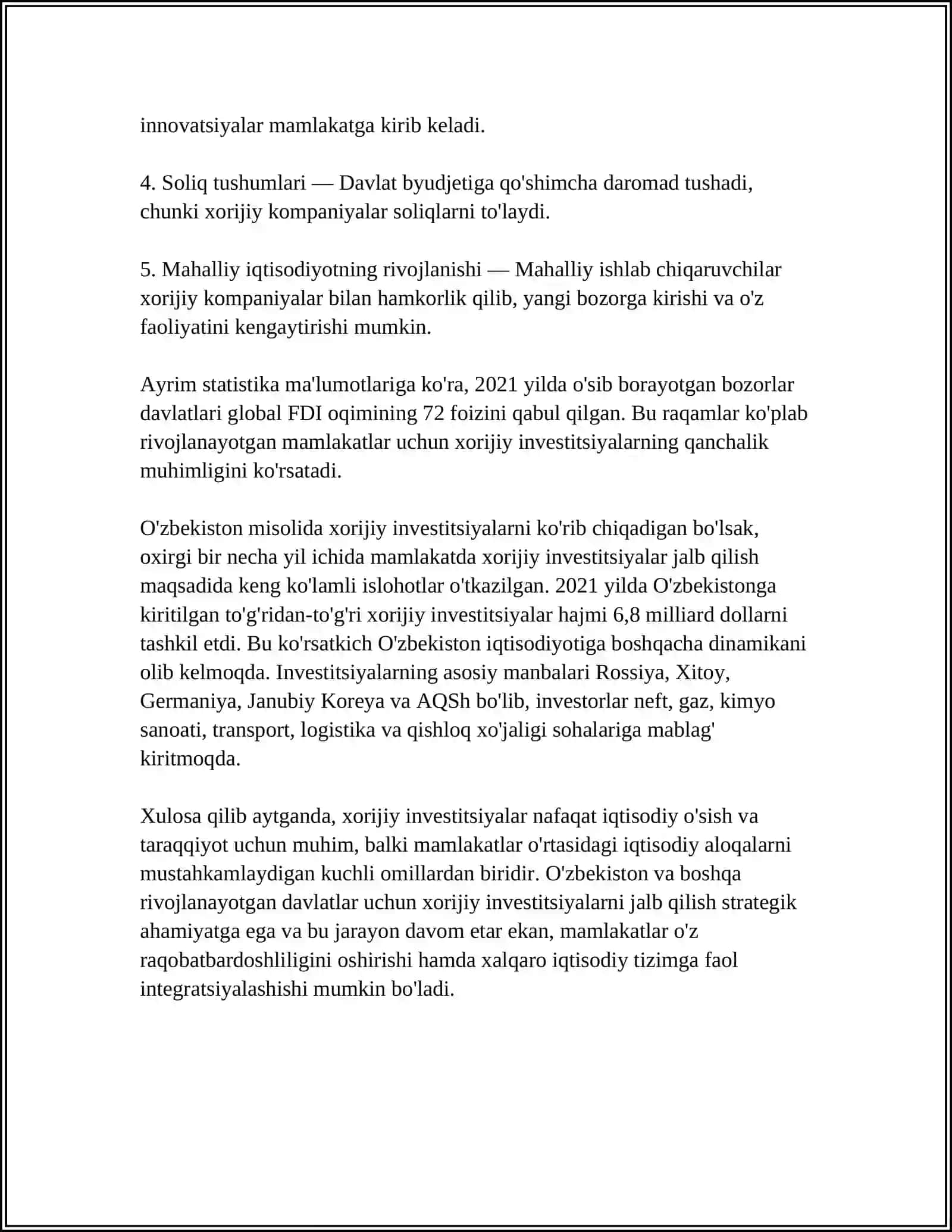 XORIJIY INVESTITSIYALAR HAQIDA TUSHUNCHA VA UNING MOHIYATI 4