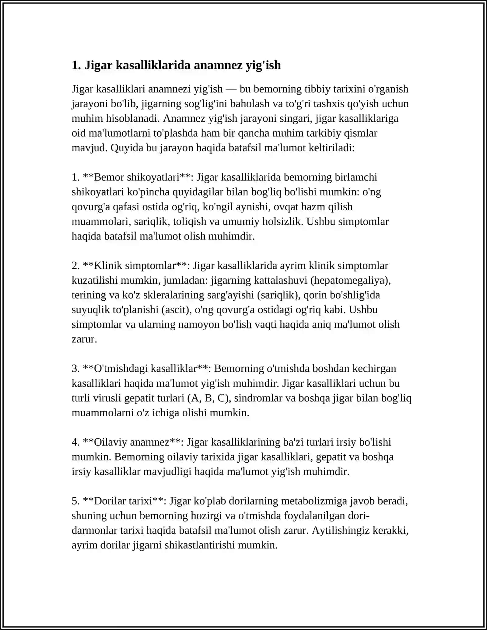 JIGAR VA O'T YO'LLARI KASALLIKLARIDA BEMORLARNI TEKSHIRISH. SO'RAB SURISHTIRISH. ASOSIY SHIKOYATLARI, DIAGNOSTIK AHAMIYATI 4