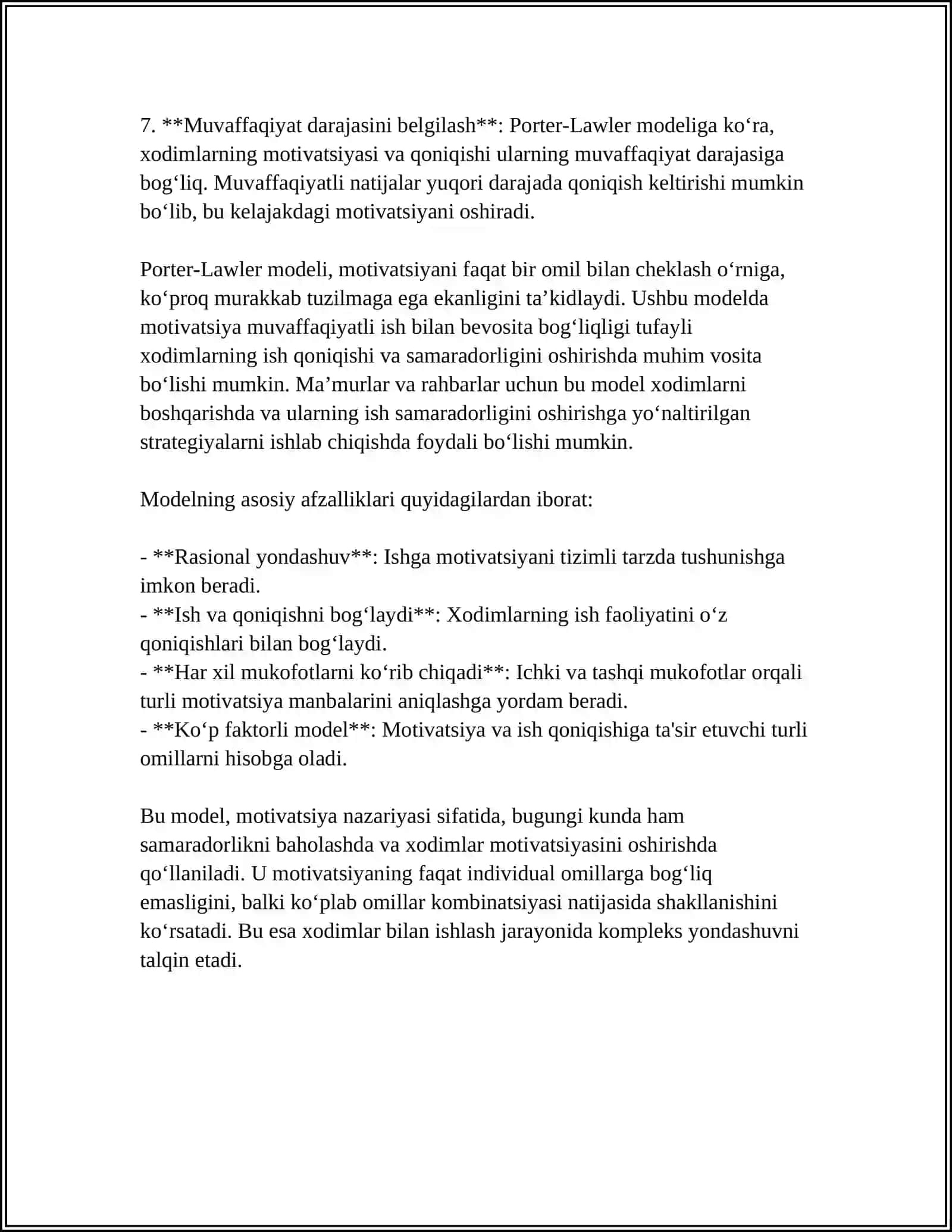 PORTER-LOULER MODELI. MOTIVASIYA VA ISH HAQI 4