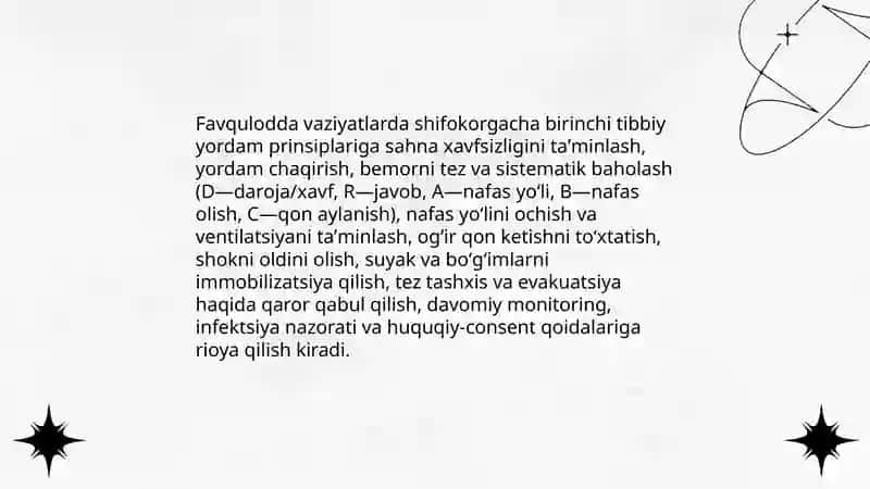 Favqulotda vaziyatlar sharoitida tez tibbiy yordam ko'rsatish turlari. Shifokorgacha birinchi tibbiy yordam. Malakali hamshiralik tibbiy yordami 4
