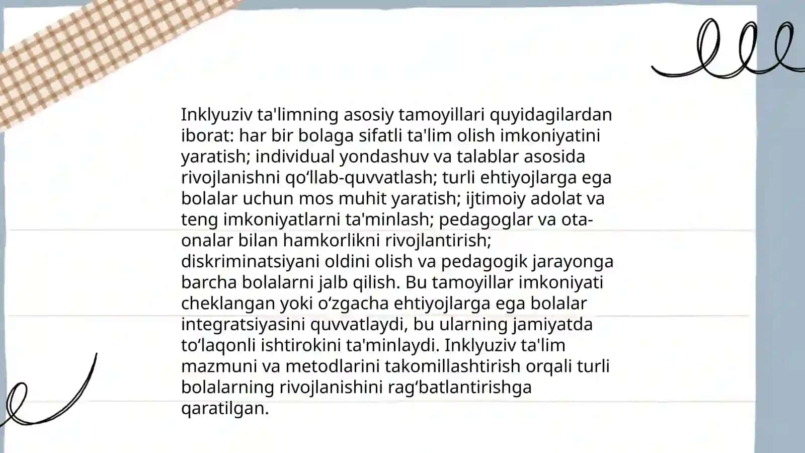 Inklyuziv ta'limning tamoillari va unga bo'lgan extiyojlar, uning sabablari, bosqichlari 4