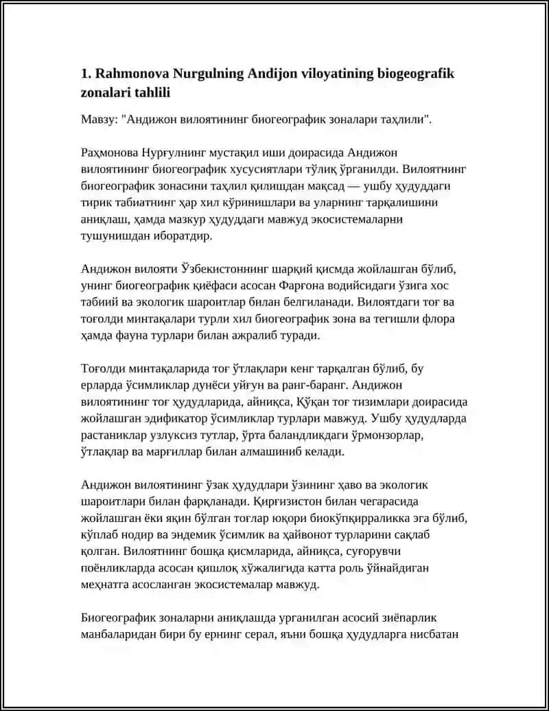 ANDIJON DAVLAT UNIVERSITETI HUQUQ IQTISOD FAKULTETI GEOGRAFIYA YONALISHI 2-KURS 201-GURUX TALABASI RAHMONOVA NURGULNING BIOGEOGRAFIYADAN MUSTAQIL ISH 4