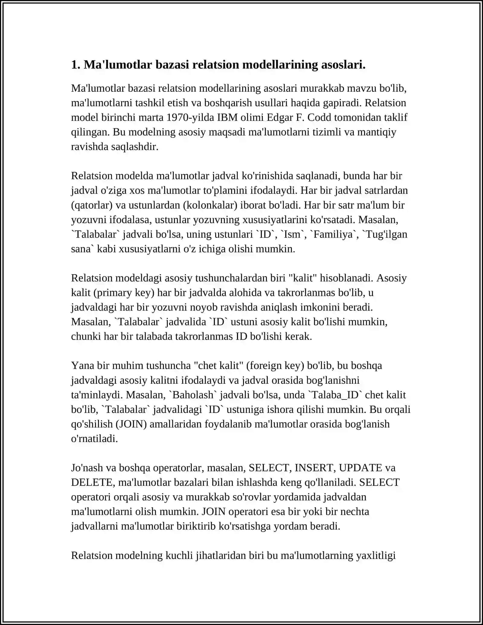TURLI RELATSION MODELLARNING TUZILISHINI VA ISHLATILISHINI TAHLIL QILISH 4