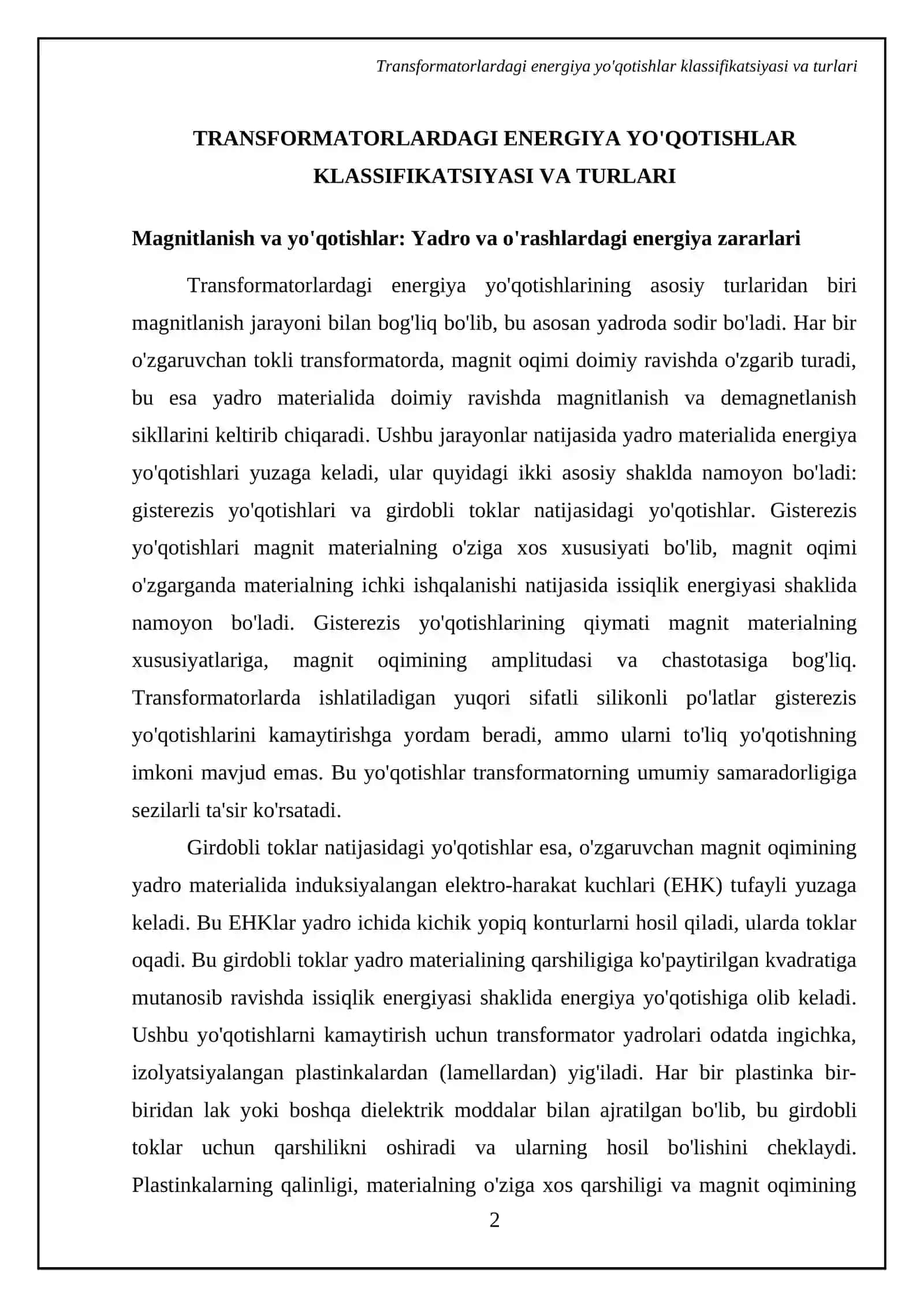 Transformator quvvat isroflari va FIKI. Transformatorning energetik diagrammalari 4