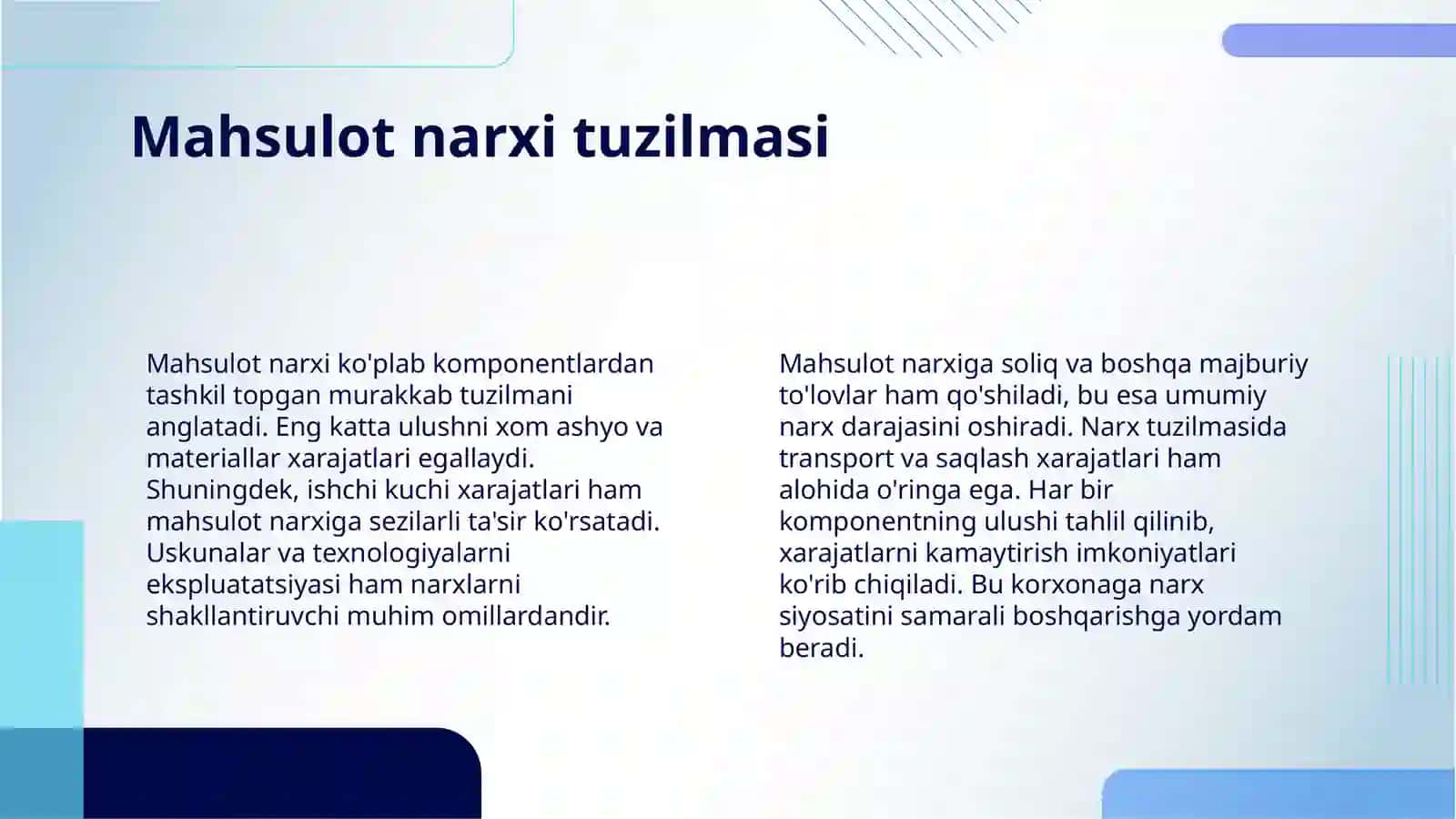 BIR SO'MLIK MAXSULOT UCHUN QILINGAN ISHLAB CHIQARISH XARAJATLARINING TAHLILI 4