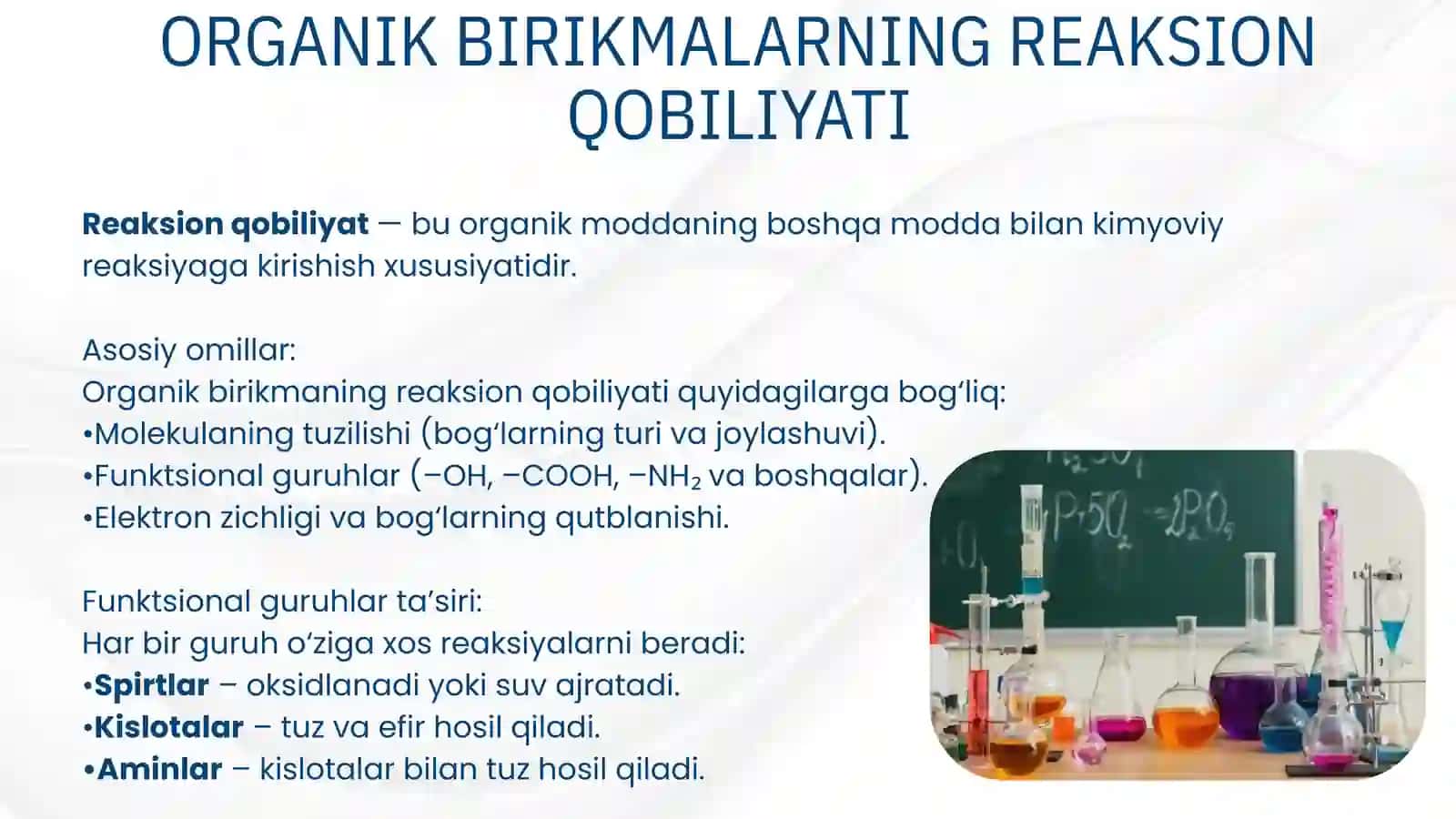 Organik kimyo asoslari. Organik birikmalarning reaksion qobiliyati, kislota va asosli xossalari. 4
