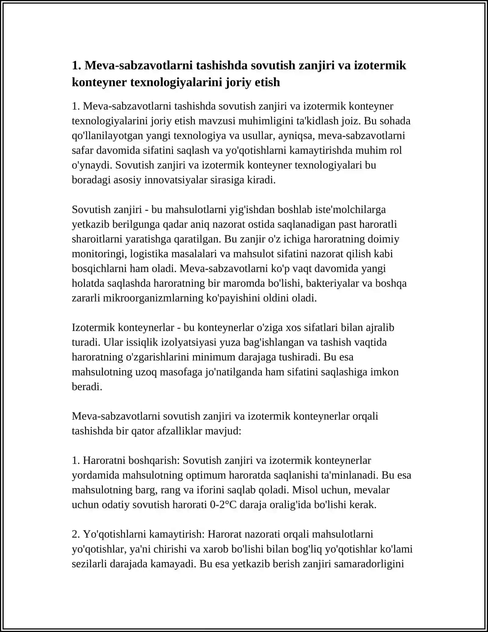 MEVA- SABZAVOTLARNI TASHISHGA YANGI TEXNOLOGIYALARNI KIRITISH VA YANGI USULLARGA ASOSLANIB SAQLASHNI TASHKIL ETISH 4