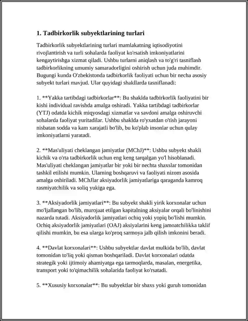 Tadbirkorlik Subyektlarining Turlari 4
