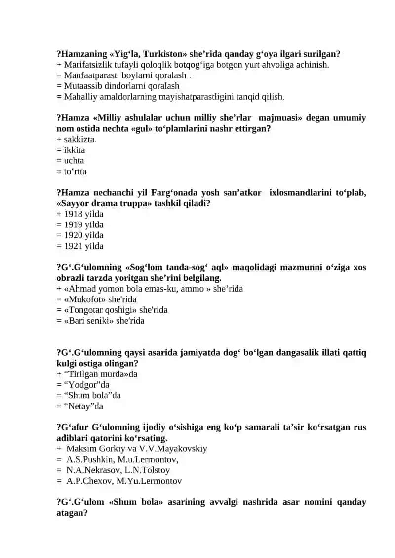 Bolalar Adabiyoti Fanidan Testlar 4