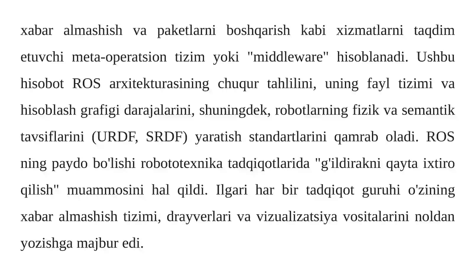ROBOT OPERATSION TIZIMI (ROS) ARXITEKTURASI VA ROS ROBOTINING SPETSIFIKATSIYASI 4