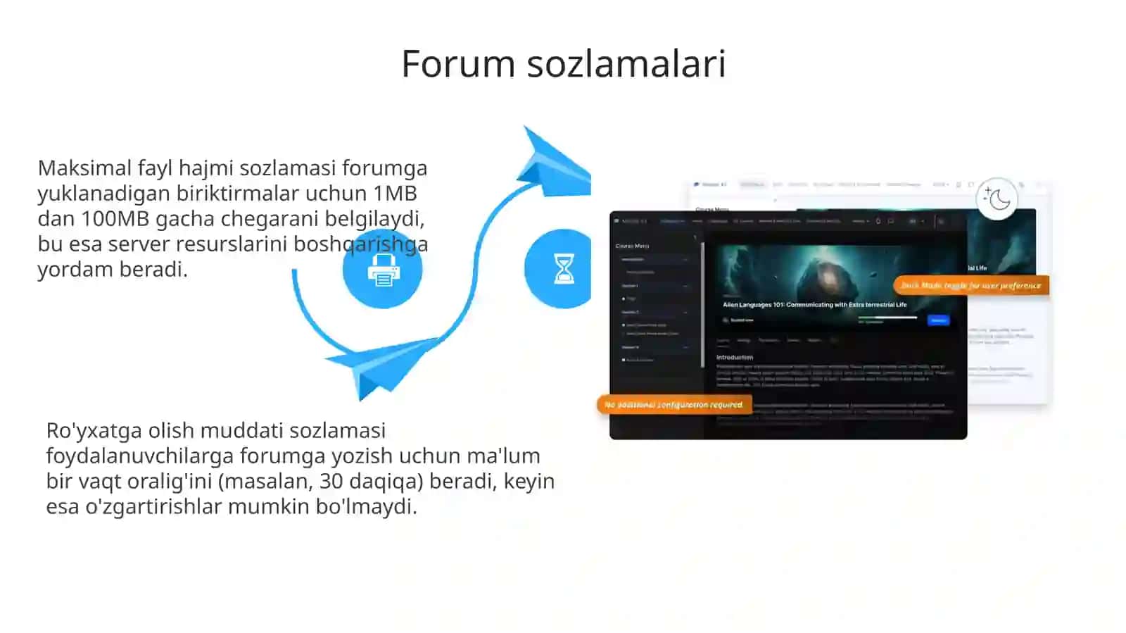 Moodle forumlari ta'limiy muhitda 10 dan ortiq turli xil usullarda aloqa va hamkorlikni rivojlantirish uchun ishlatiladigan asosiy vositadir 4
