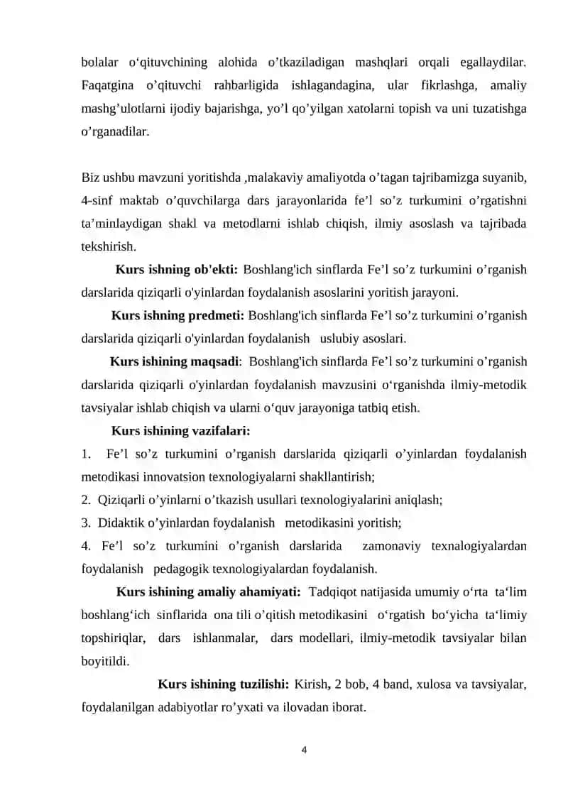 BOB.BOSHLANG’ICH SINF ONA TILI DARSLARIDA FE’L SO’Z TURKUMINI O’RGATISH METODIKASI VA SAMARALI YO’LLARI 4
