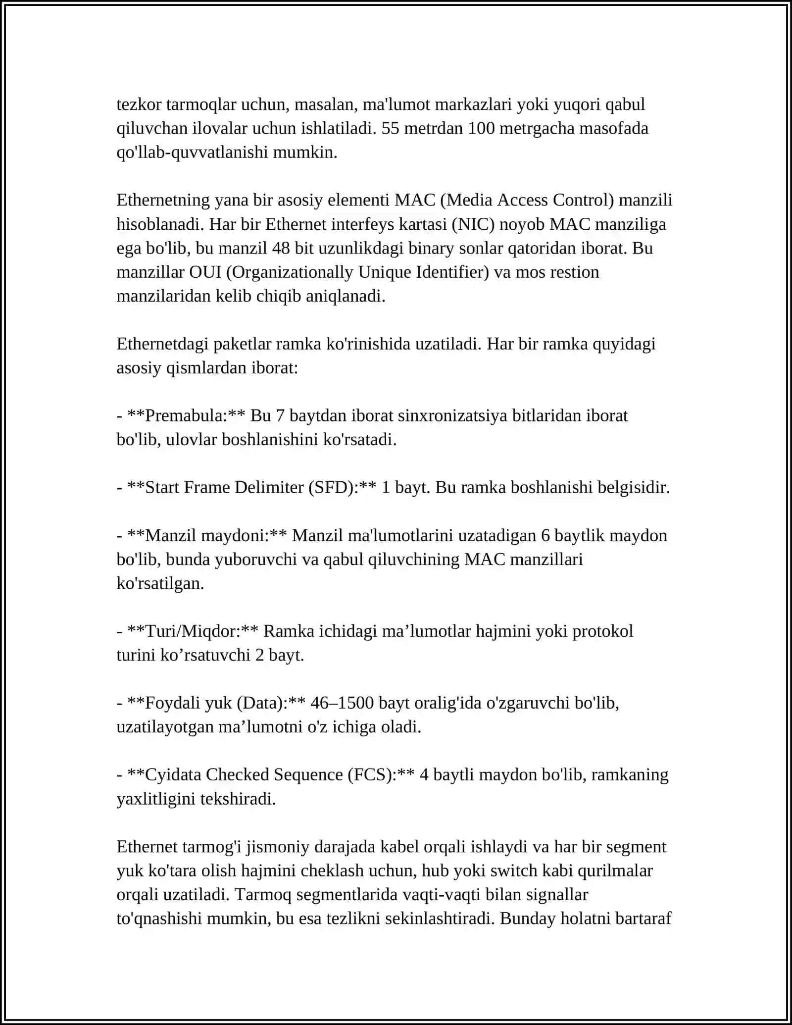 MUSTAQIL ISH Mavzu: ETHERNET, FAST ETHERNET, GIGABIT ETHERNET TA'RIFI 4