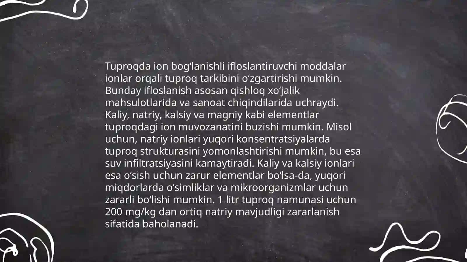 Tuproq, suvning ifloslanishida ion bog‘lanishli birikmalarni aniqlab ulardantozalash g‘oyasini ishlab chiqish 4