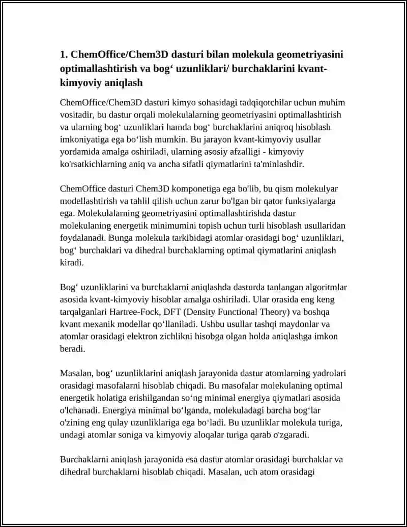 CHEMOFFICE/CHEM3D DASTURI BILAN FIZIK-KIMYOVIY PARAMETRLARINI KVANT-KIMYOVIY ANIQLASH 4