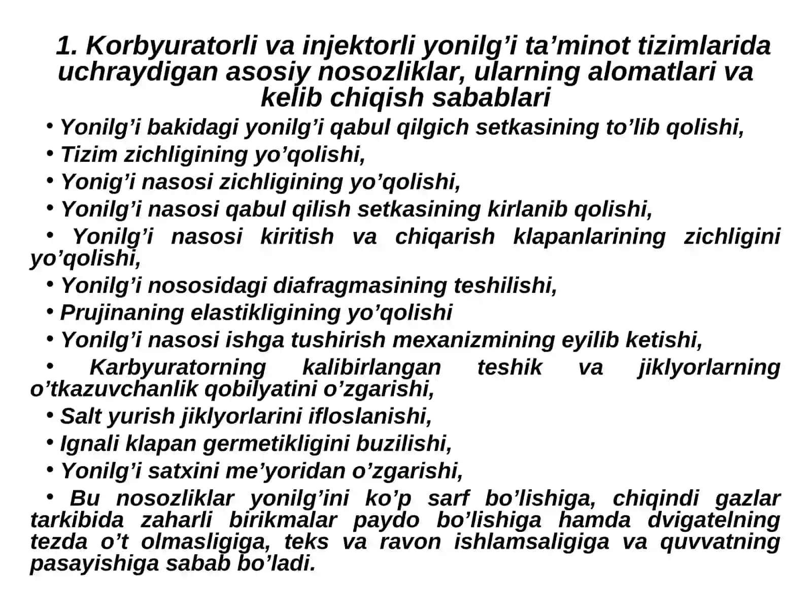 Avtomobil yonilg’i ta’minlash tizimiga TXK va uni ta’mirlash ishlari texnologiyasi 4