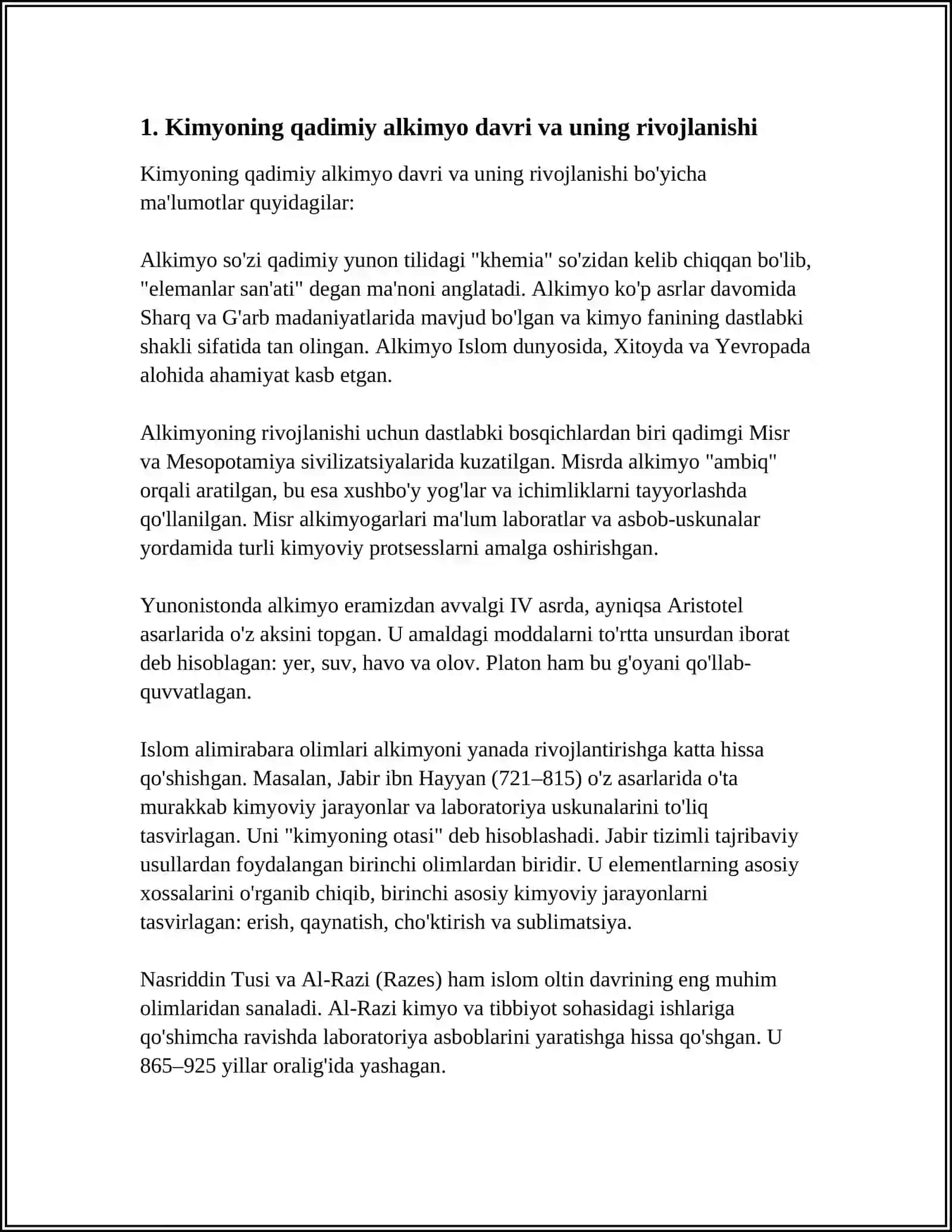 Kimyo fanini rivojlanish tarixiga oqid ma'lumotlarni oʻrganish hamda tahliliy ma'lumotlar yozish 4