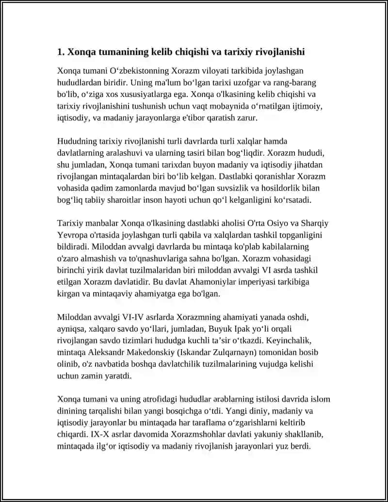 XONQA TUMANINING KELIB CHIQISHI, MAKTAB, LITSEY BOQCHA KASB HUNAR MAKTABLARI SHIFOXONALAR QISHLOQ VRACHLIK PUNKTI QANCHA EKANLIGI HAQIDA MALUMOT YOZISH 4