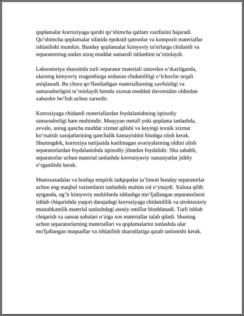 Og'ir kimyoviy muhitlarda ishlashga mo'ljallangan separatorlarning materiallari va korroziyaga chidamliligi 4