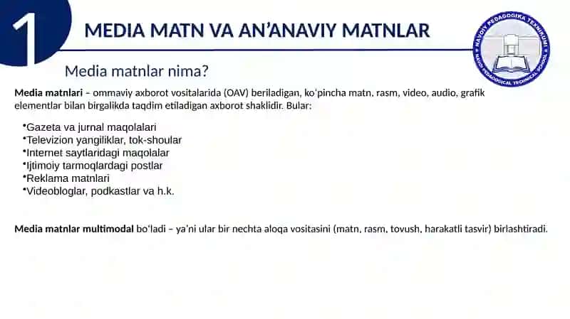 MEDIA VA AN’ANAVIY  MATNLARNI O‘QISH 4