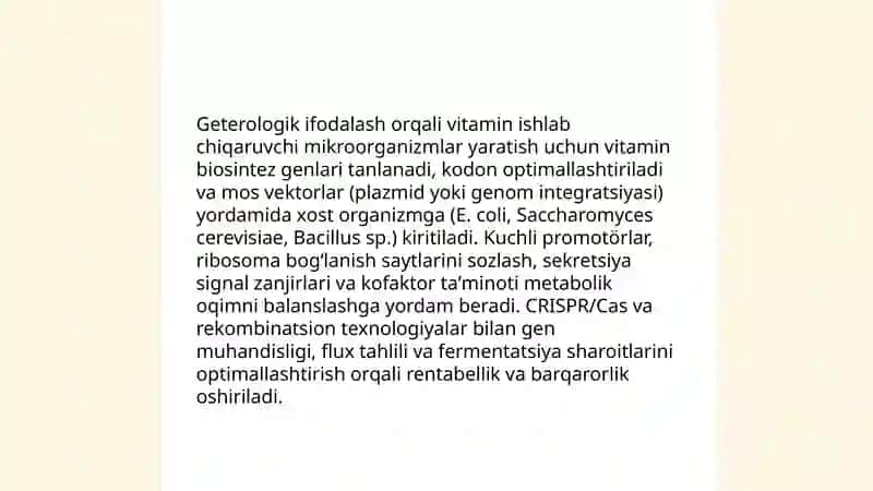 Vitaminlarning mikrobiologik sintezi va produtsentlarini shtammlarining konstruksiyasini yaratishning gen muhandisligi usullari 4