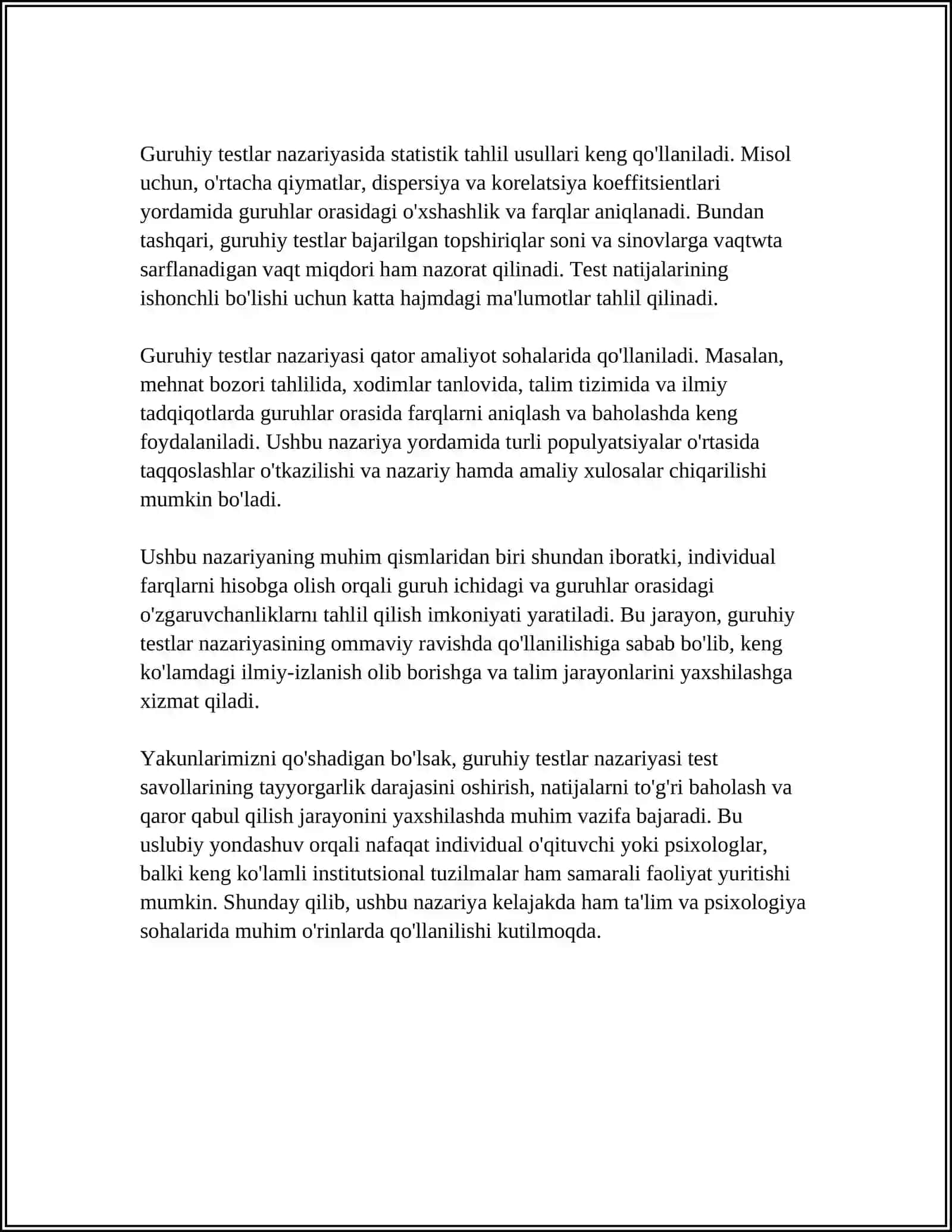 TESTLASHTIRISH. GURUHIY TESTLAR VA ULARNING QOʻLLANILISHI 4