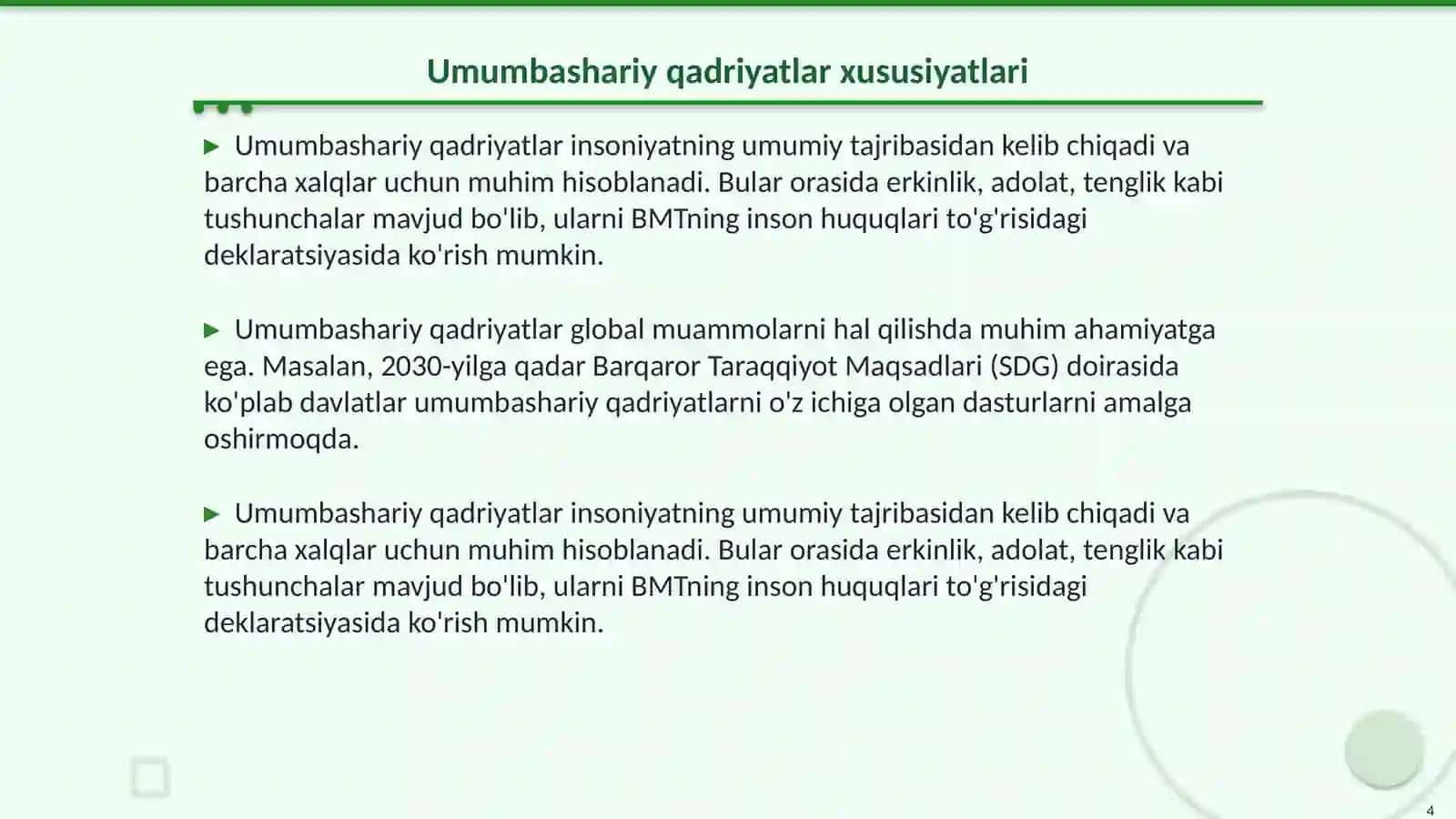 Milliy va umumbashariy qadriyatlar dilalektikasi. Jamiyatning madaniy va manaviy qadriyatlari 4