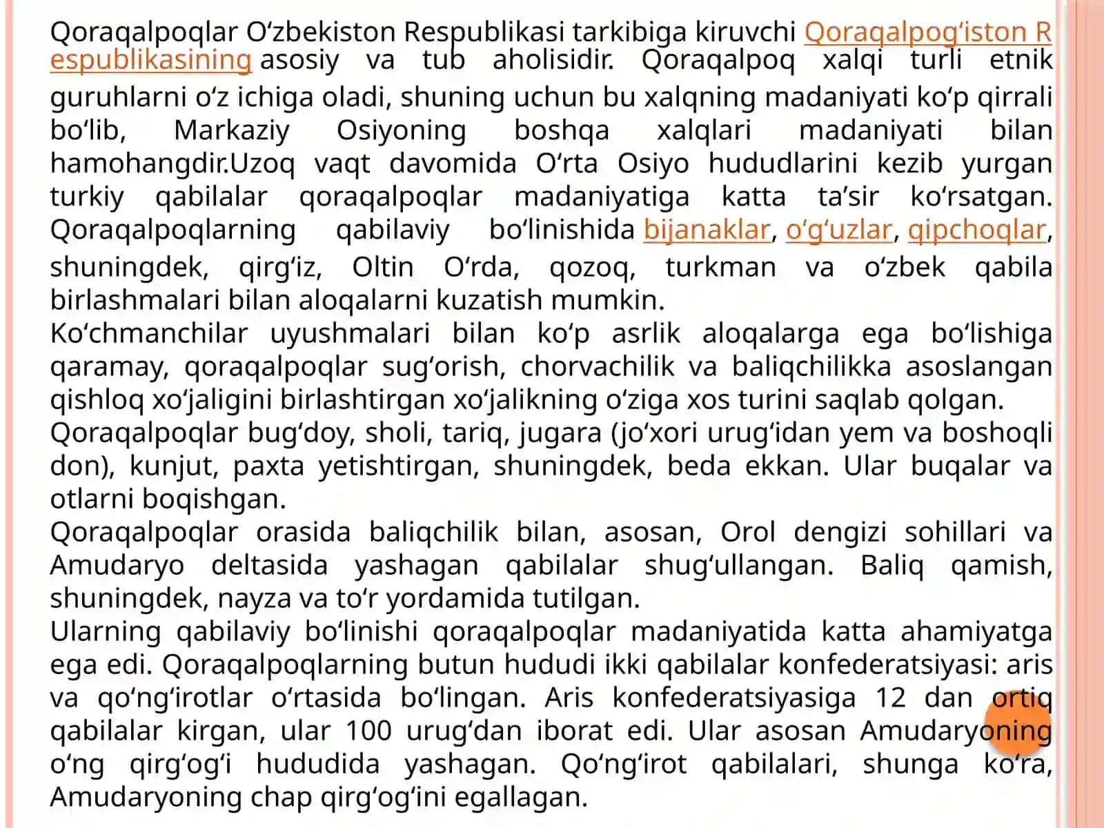 XIX asr oxiri – XX asr boshlarida qoraqalpoqlarning siyosiy, ijtimoiy-iqtisodiy hayoti. XIX asr oxiri – XX asr boshlarida qoraqalpoqlarning madaniy hayoti. 4