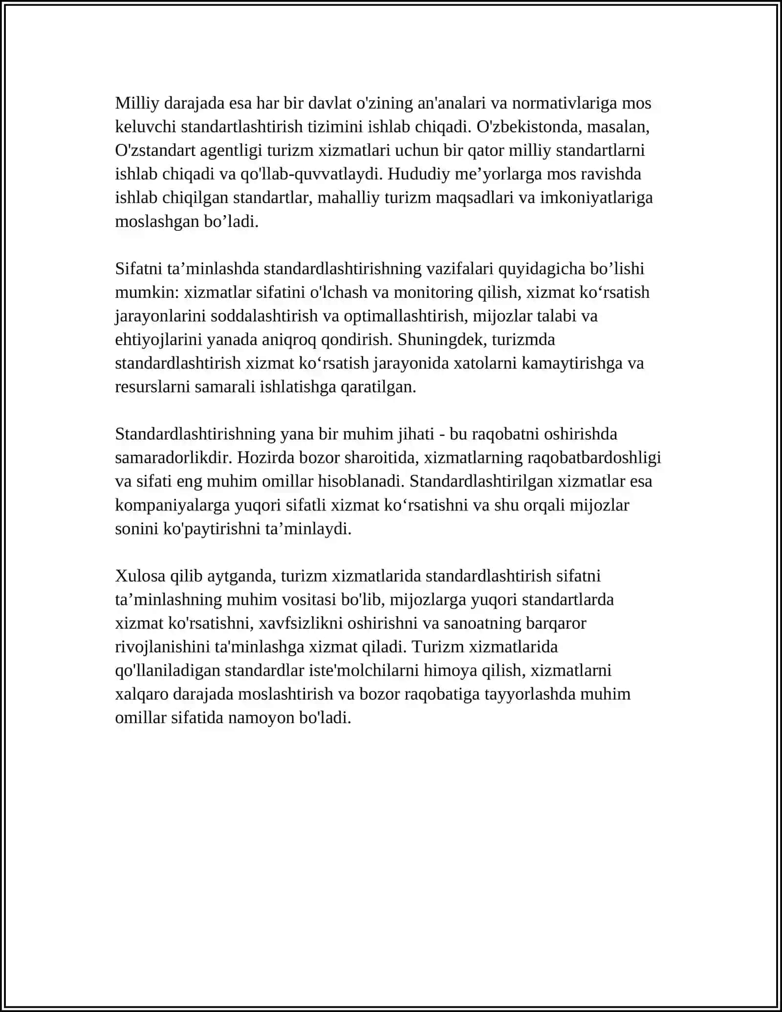 TURIZM XIZMATLARIDA SIFATNI TAʼMINLASHDA STANDARDLASHTIRISHNING ROLI 4