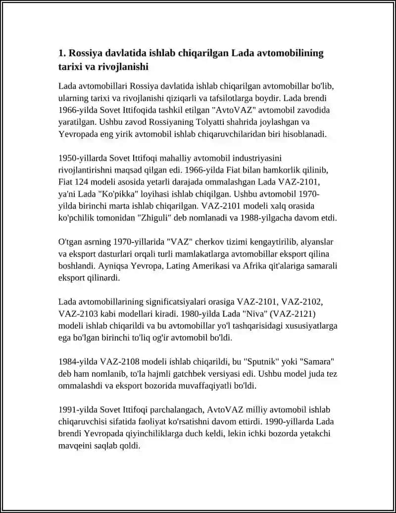 ROSSIYA DAVLATIDA ISHLAB CHIQARILGAN LADA AVTOMOBILI HAQIDA MUSTAQIL ISH 4