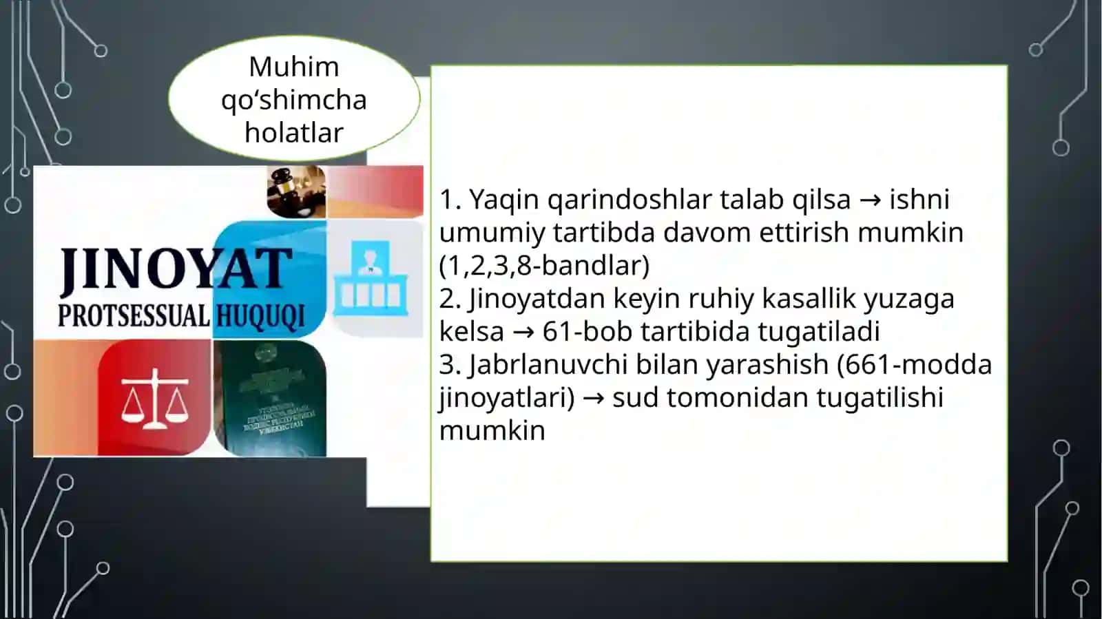 Jpk 84-modda. Ayblilikni hal qilmasdan ishni tugatish asoslari Ayblilik toʻgʻrisidagi masalani hal qilmay turib jinoyat ishini tugatish uchun asoslar (Oʻzbekiston Respublikasi Jinoyat-protsessual kodeksi) 4
