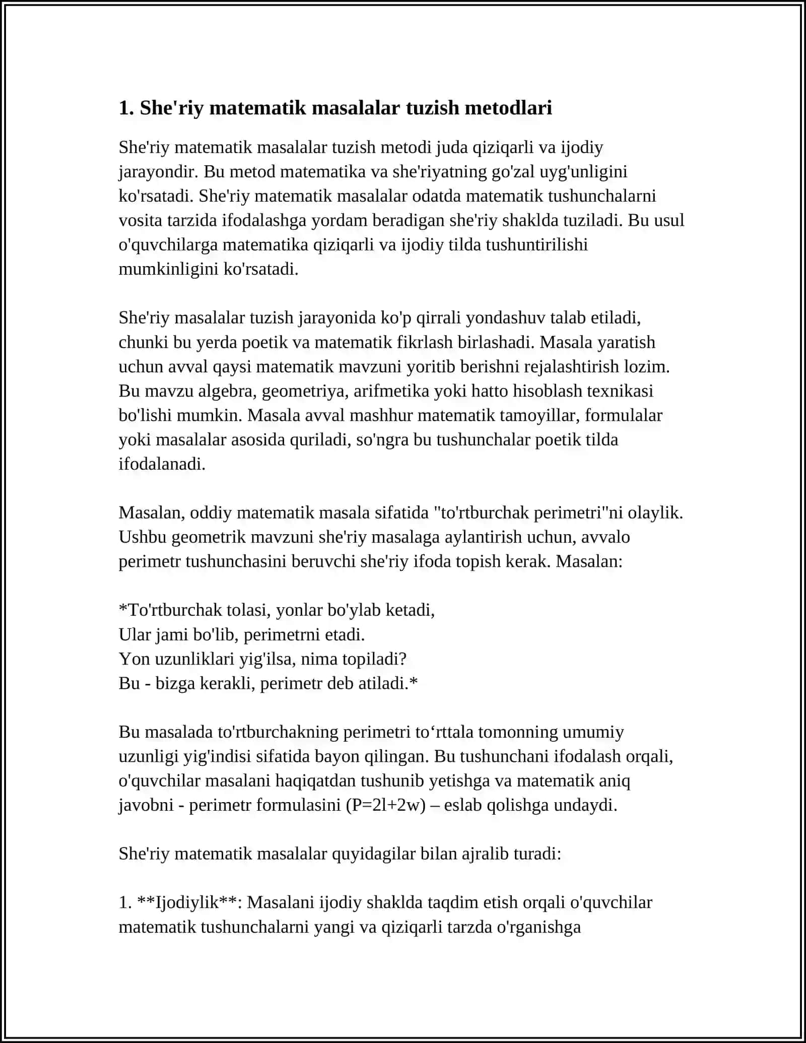 SHE’RIY MATEMATIK MASALALAR VA MATEMATIK BOSHQOTIRMALAR TUZISH 4