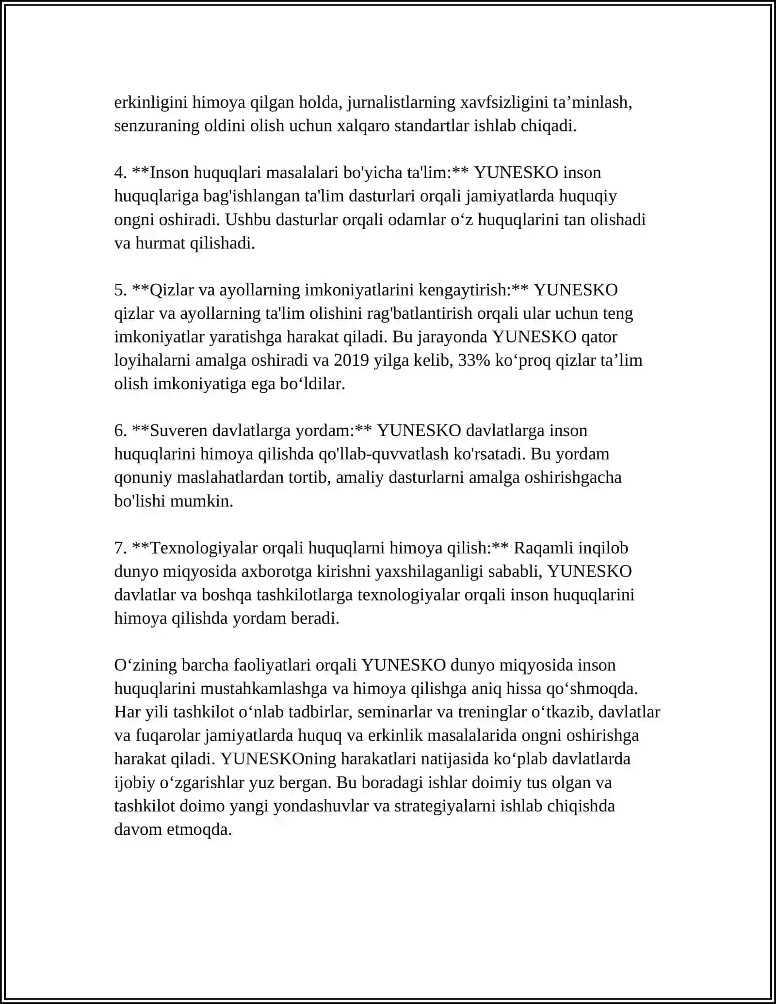 YUNESKO TASHKILOTI. INSON HUQUQLARINI HIMOYA QILISHNING XALQARO MEXANIZMI 4